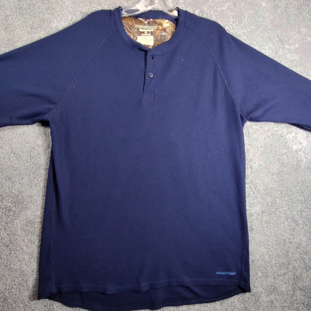 Realtree Henley Shirt Long Sleeve Waffle Knit Camo Trim Hunting Blue L